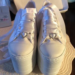 White Platform Satin Lace-Up Sneakers with Heart Accent